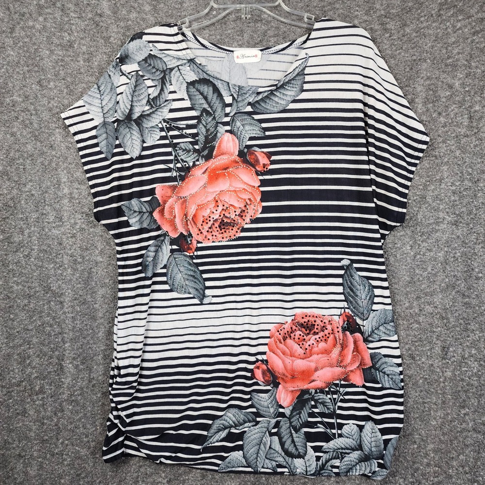Aronia Blouse Women 2XL Black White Striped Floral Rhinestone Dolman Top
